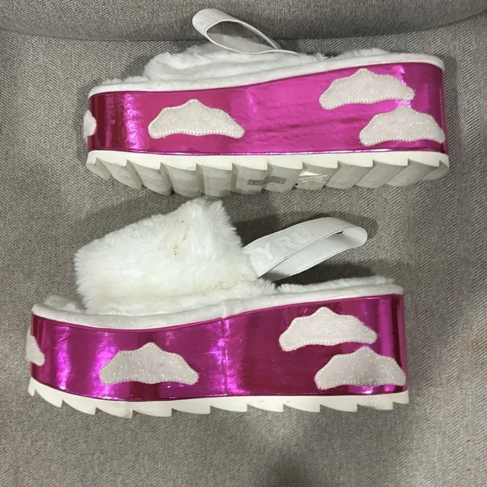 YRU Dolls Kill Qozii Faux White Fur Platform Cloud Pink Iridescent Sandals